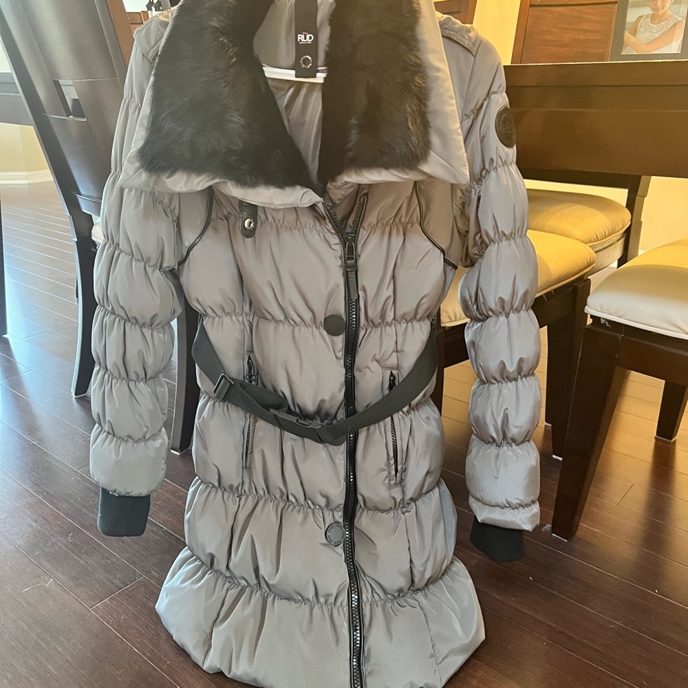 Rudsak Grey and black Puffer with dyed black Rabbit fur collar, size small